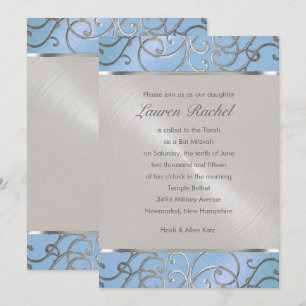 Bat Mitzvah Elegant Sky Blue und Silver Filigree Einladung
