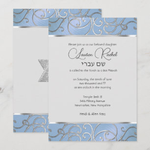 Bat Mitzvah Elegant Sky Blue und Silver Filigree Einladung