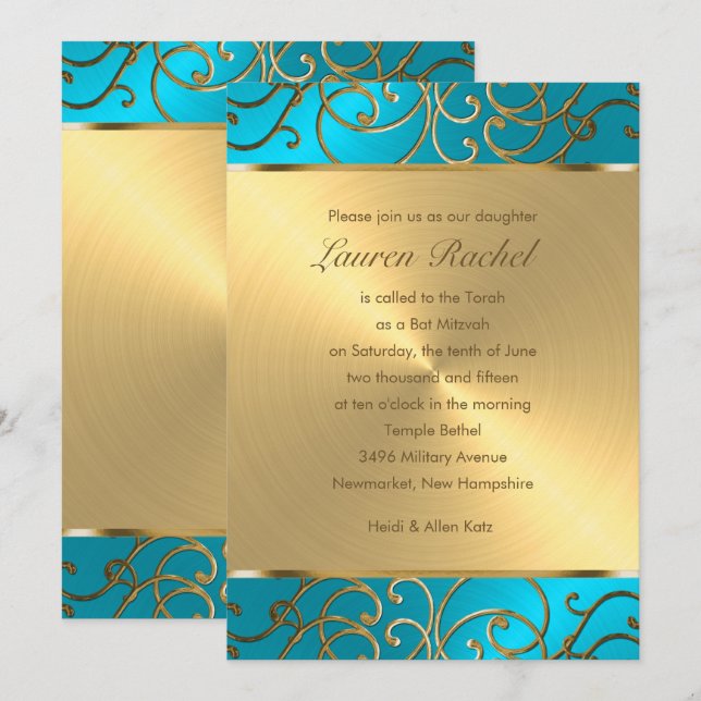 Bat Mitzvah Elegant Türkis Blue Gold Filigree Einladung (Vorne/Hinten)