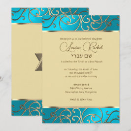 Bat Mitzvah Elegant Türkis Blue Gold Filigree Einladung