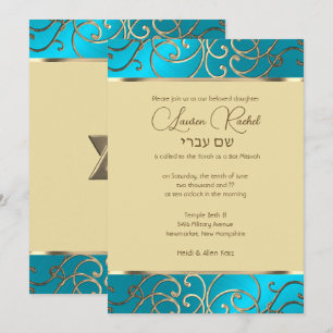 Bat Mitzvah Elegant Türkis Blue Gold Filigree Einladung