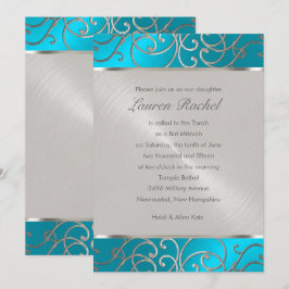 Bat Mitzvah Elegant Türkis Blue Silver Filigree Einladung