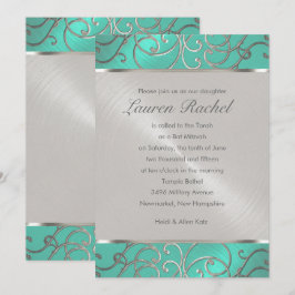 Bat Mitzvah Elegante Aqua Green Silver Filigree Einladung