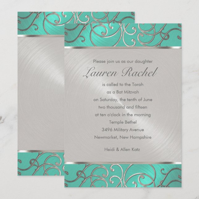 Bat Mitzvah Elegante Aqua Green Silver Filigree Einladung (Vorne/Hinten)