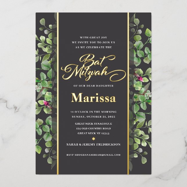 Bat Mitzvah Elegante Blumenschrift REAL GOLD Folieneinladung (Vorderseite)