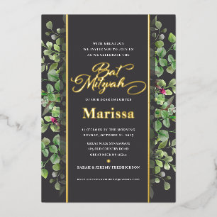 Bat Mitzvah Elegante Florale Schrift ECHTES GOLD Folieneinladung