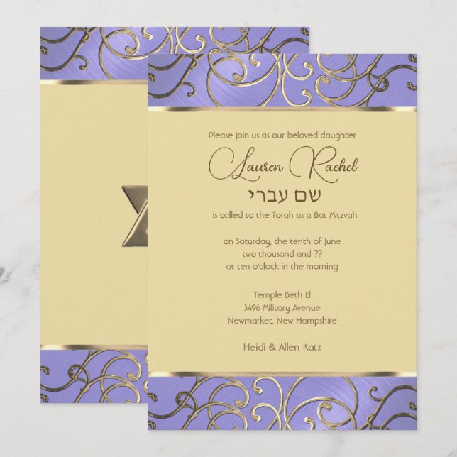 Bat Mitzvah Elegante Lavender Lila Gold Filigree Einladung (Vorne/Hinten)
