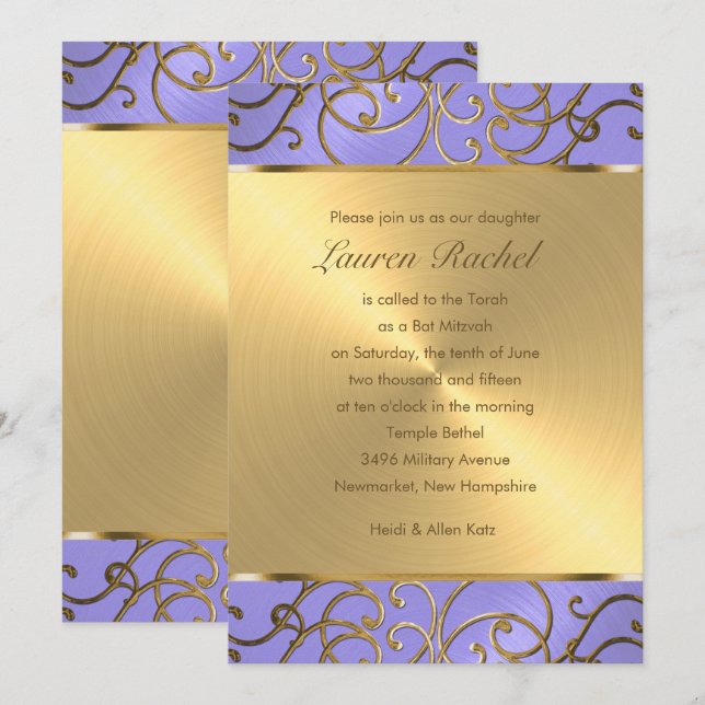 Bat Mitzvah Elegante Lavender Lila Gold Filigree Einladung (Vorne/Hinten)