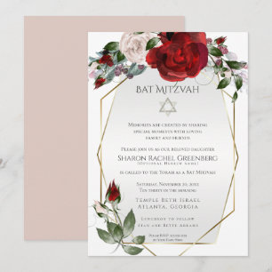 Bat Mitzvah   Elegante Scarlet Rot und Rot Rose Ankündigung