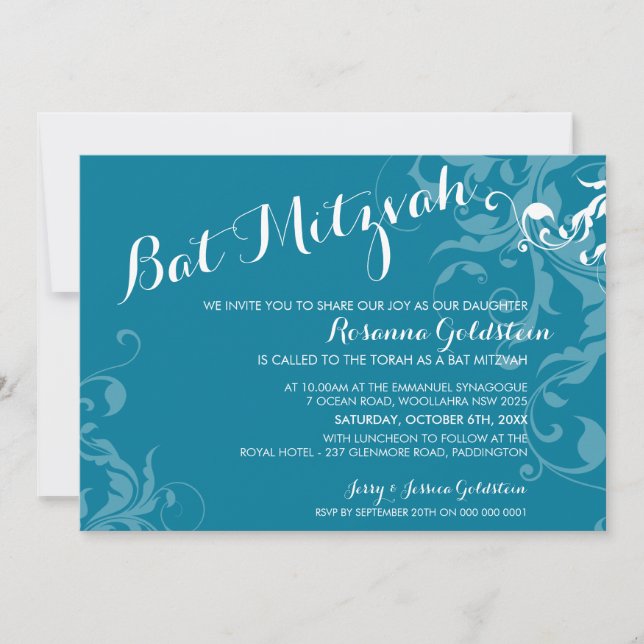 BAT MITZVAH ERMUTIGT elegantes, türkisfarbenes geb Einladung (Vorderseite)