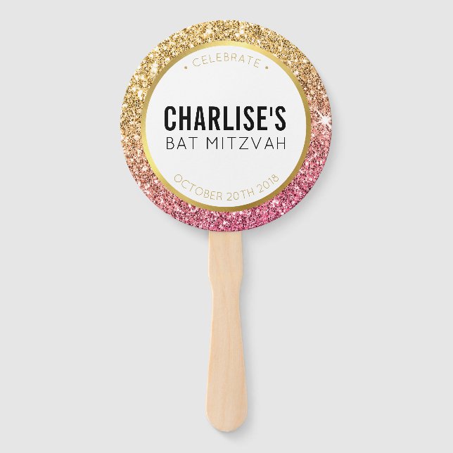 BAT MITZVAH FAN selfie glitzerner goldrosa Glitzer Fächer (Vorderseite)
