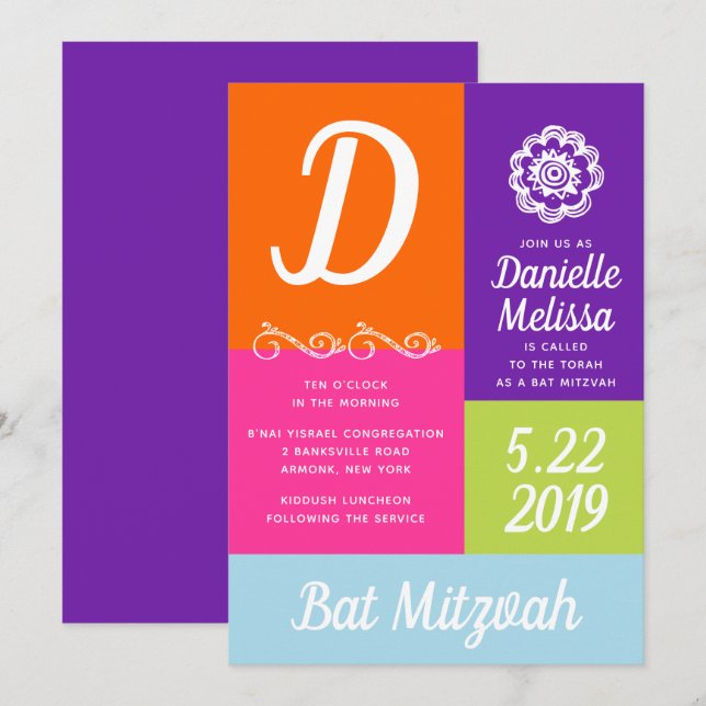 Bat Mitzvah Farbblockeinladung Einladung (Vorne/Hinten)