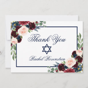 Bat Mitzvah Floral Blue Burgundy Dankeskarte