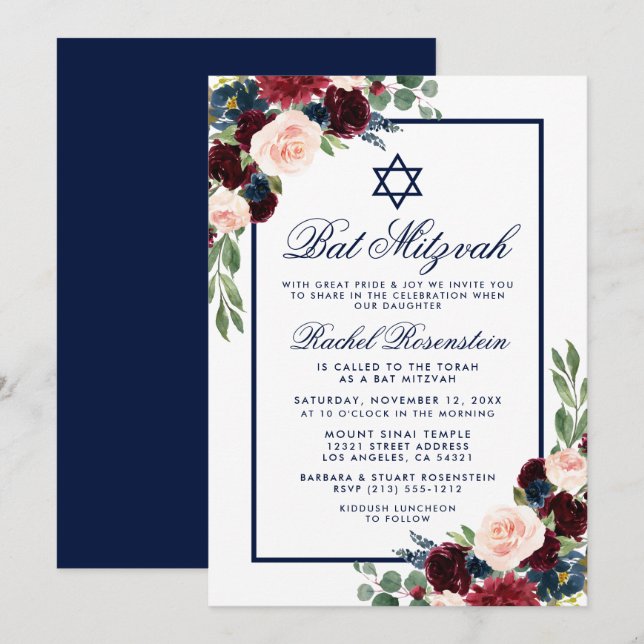 Bat mitzvah Floral Bourgogne Bleu Invitation (Devant / Derrière)