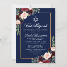 Bat Mitzvah Floral Burgundy Blue Gold Einladung