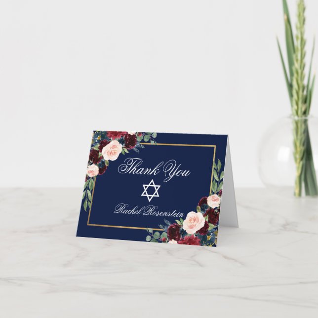 Bat Mitzvah Floral Burgundy Blue Gold Note Dankeskarte (Vorderseite)