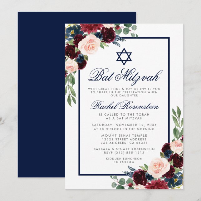 Bat Mitzvah Floral Burgundy Blue Silver Einladung (Vorne/Hinten)