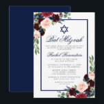 Bat Mitzvah Floral Burgundy Blue Silver Einladung<br><div class="desc">Bat Mitzvah Watercolor Burgundy Marsala Blue Floral Silver Einladungskarte</div>