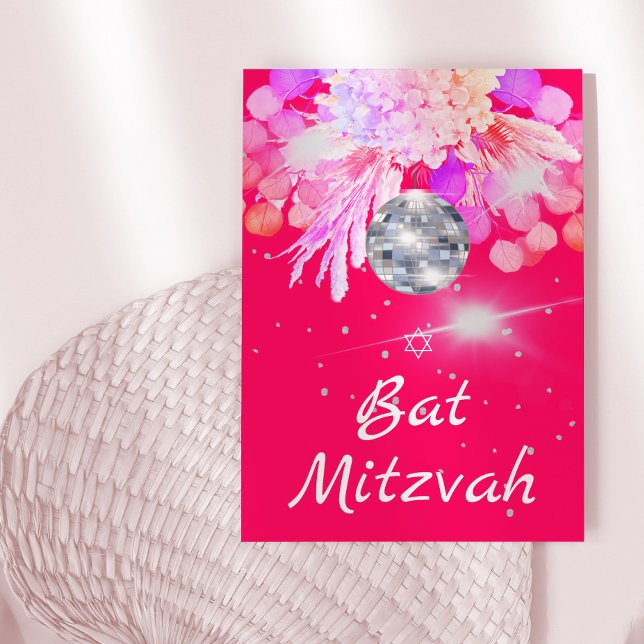 Bat Mitzvah Floral Pink Disco Einladung (Von Creator hochgeladen)
