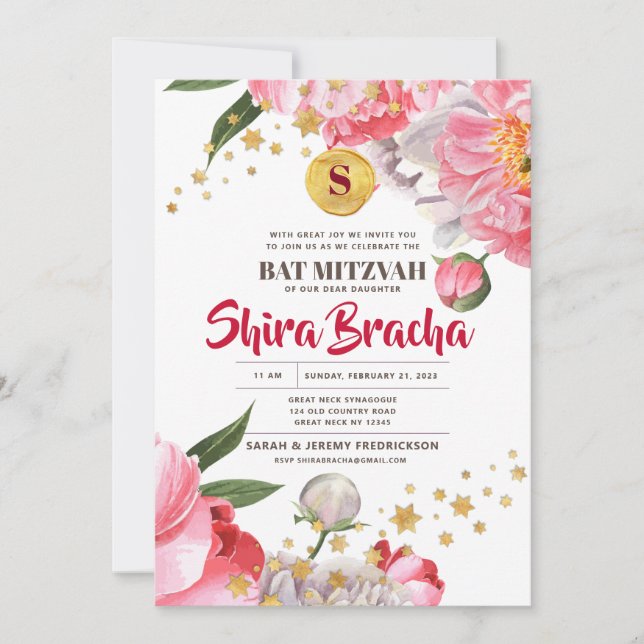 Bat Mitzvah Floral Watercolor Glitzer Stars Einladung (Vorderseite)