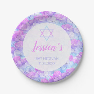 Bat Mitzvah Floral Watercolor Pink Blauer Hydrange Pappteller