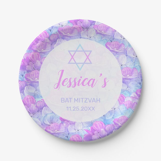 Bat Mitzvah Floral Watercolor Pink Blauer Hydrange Pappteller (Vorderseite)