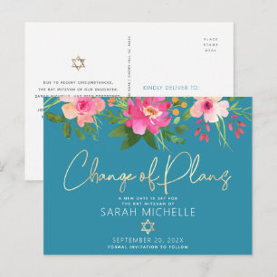 Bat Mitzvah Florale Wasserfarbe Goldschrift Blau Einladungspostkarte