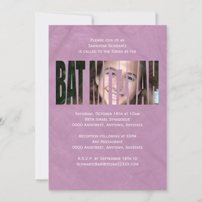 Bat Mitzvah Foto Einladung in Lila (Vorderseite)