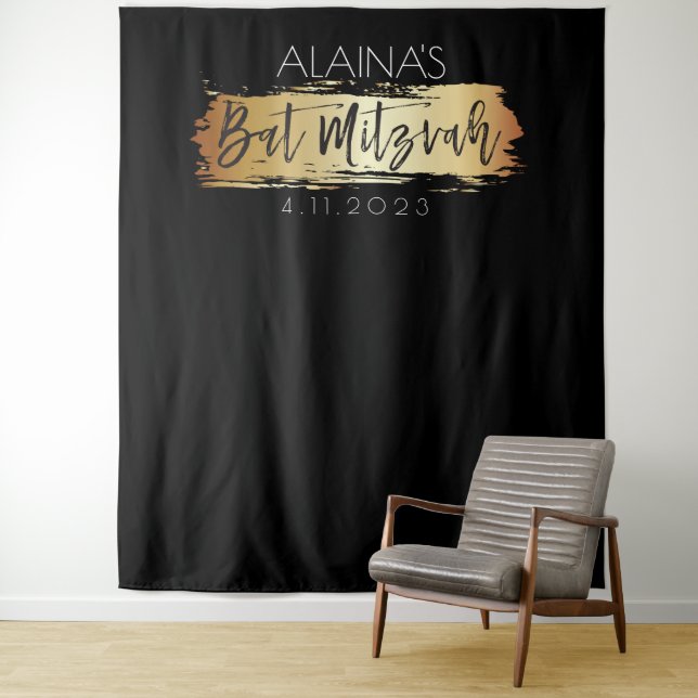 Bat Mitzvah Foto Stand Party Hintergrund Gold Schw Wandteppich (Beispiel)
