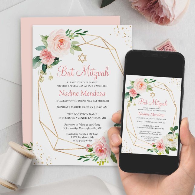 Bat Mitzvah | Geometrisches Rosa Bläschen Einladung (The customizable template allows you to add your personal touch using Zazzle's design tool.)
