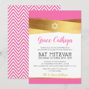BAT MITZVAH glamour or brossé rose invitation