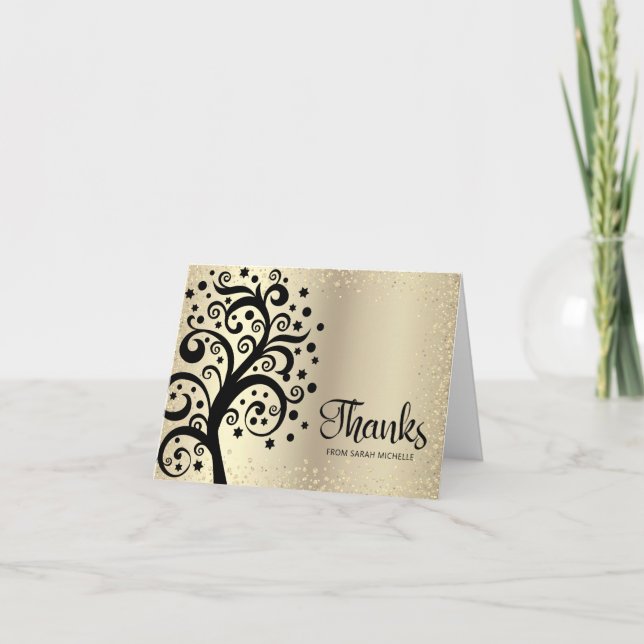 Bat Mitzvah Gold Foil Schwarzer Baum des Lebens Sk Dankeskarte (Vorderseite)