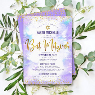 Bat Mitzvah Gold Glitter Lila Wasserfarbe 2 Verans Einladung
