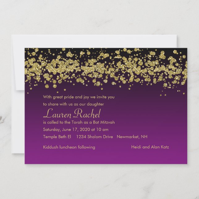Bat Mitzvah Gold Glitterie Schwarze Grenze Farbe Einladung (Vorderseite)