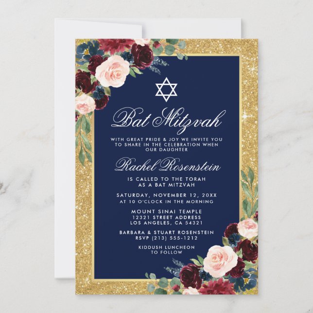 Bat Mitzvah Gold Glitzer Floral Burgundy Blue Einladung (Vorderseite)