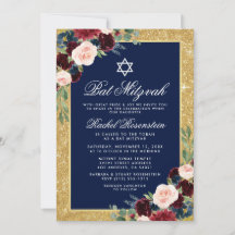 Bat Mitzvah Gold Glitzer Floral Burgundy Blue