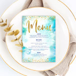 Bat Mitzvah Gold Glitzer Fossilienfisch Türkis Menükarte<br><div class="desc">Seien Sie stolz, freuen Sie sich und präsentieren Sie diesen Meilenstein Ihres Lieblings-Bat Mitzvah mit einer Feier, auf die Sie stolz sein können! Lassen Sie sich von diesem atemberaubenden, modernen Party-Menü verzaubern, das mit funkelnd Goldfolien und Glitzer-Punkten sowie Typografie-Schrift vor türkisfarbenem Hintergrund besticht. Ihr Name, das Veranstaltungsdatum und ein goldener...</div>