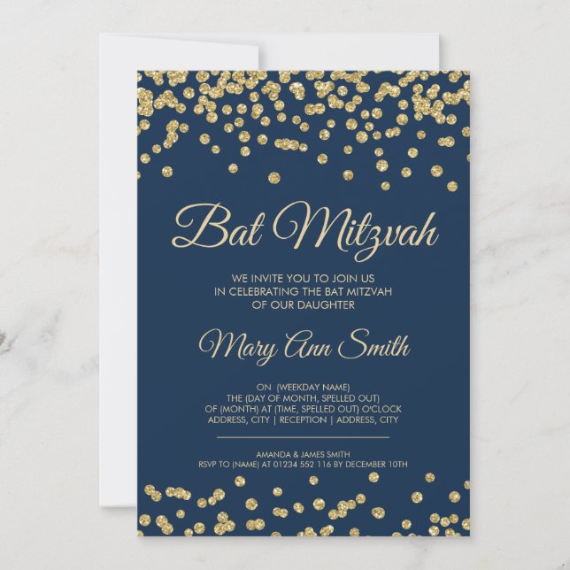 Bat Mitzvah Gold Imitats Glitzer Confetti Navy Blu Einladung (Vorderseite)