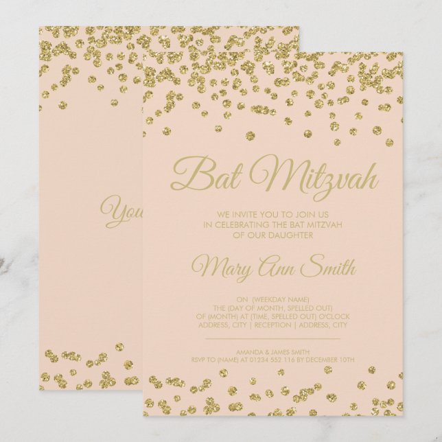 Bat Mitzvah Gold Imitats Glitzer Confetti Rosa Einladung (Vorne/Hinten)