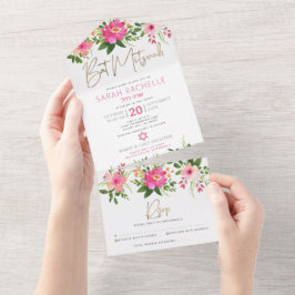 Bat Mitzvah Gold Script Rosa Floral Wasserfarbe All In One Einladung