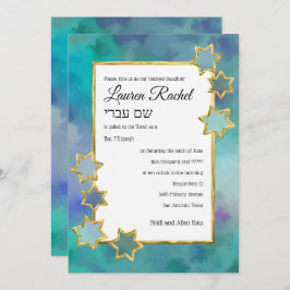 Bat Mitzvah Gold Star Abstract Design Blau Einladung