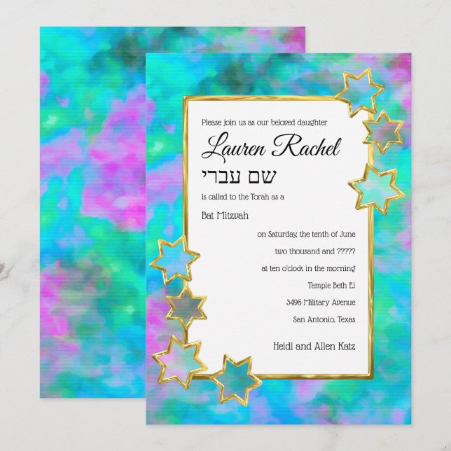Bat Mitzvah Gold Star Abstrakt Green Blue Pink Einladung (Vorne/Hinten)