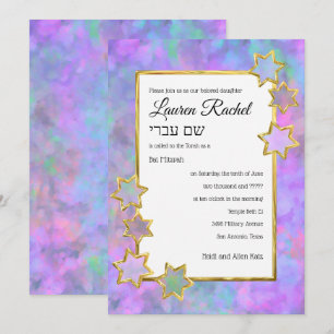 Bat Mitzvah Gold Star Abstrakt Lila Pink Blau Einladung