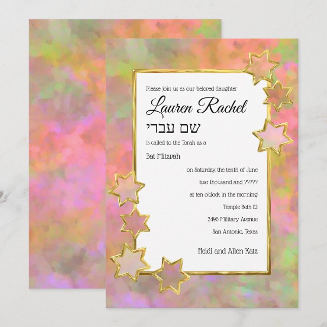 Bat Mitzvah Gold Star Abstrakt Pink Green Orange Einladung (Vorne/Hinten)