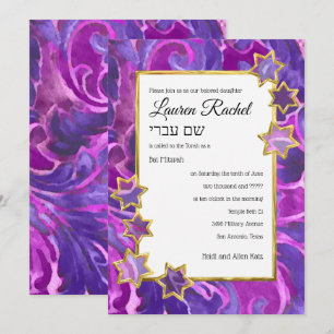 Bat Mitzvah Gold Star Lila Pink Damask Einladung