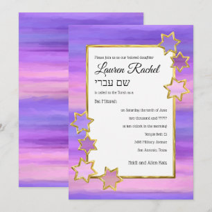 Bat Mitzvah Gold Star Lila rosa Streifen Einladung