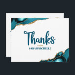Bat Mitzvah Gold Turquoise Agate Script Vielen Dan Postkarte<br><div class="desc">Vergewissern Sie sich, dass Ihr Lieblings-Bat Mitzvah zeigt seine Wertschätzung für alle, die ihre Meilenstein-Veranstaltung unterstützt! Versenden Sie diese coole, einzigartige, moderne, personalisierte Dankeschön Postcard. Türkisblaue handgeschriebene Schrift und kühn, sans serif Typografie überlagern einen schlichten, weißen Hintergrund mit türkisfarbenen, agatfarbenen Felsen, die mit goldenen Venen aus Imitat bestickt sind. Ein...</div>