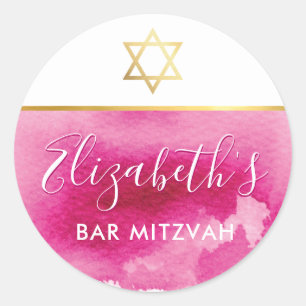 BAT MITZVAH goldener Stern chic pink Aquarell einl Runder Aufkleber