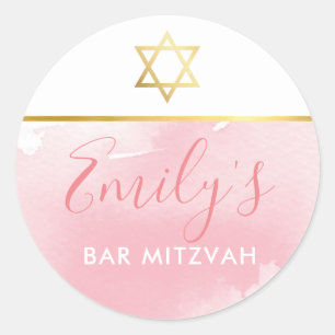 BAT MITZVAH Goldener Stern Chic Rosa Aquarell Runder Aufkleber