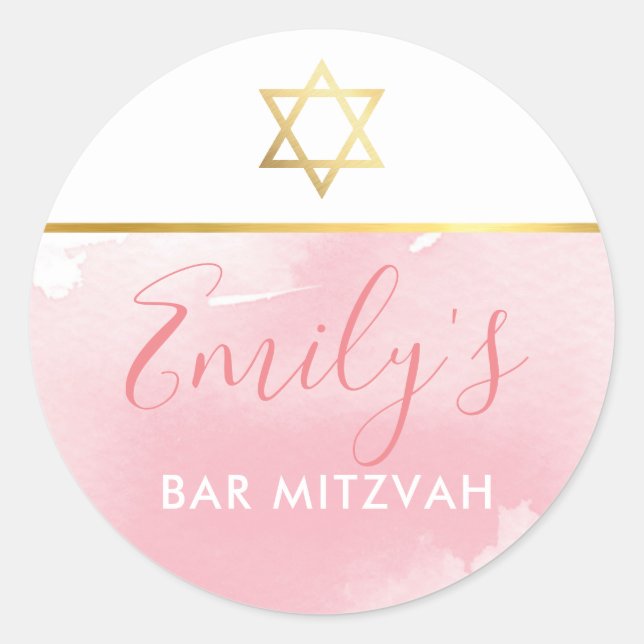 BAT MITZVAH Goldener Stern Chic Rosa Aquarell Runder Aufkleber (Vorderseite)